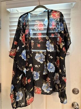 Black Floral Sheer Kimono with Blue and Coral Blooms